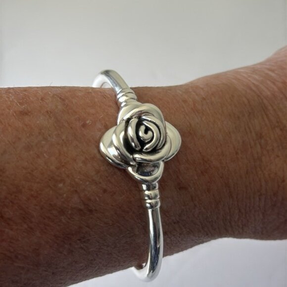 925 Sterling Silver 3D Rose Electroform Cuff / Bangle Bracelet - Picture 5 of 10